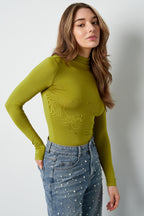 Polyester Women's Long Sleeve Top Ribbed Turtleneck