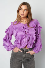 Polyester Women's Long Sleeve Top Ruffled Front Tie