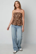 Polyester Women's Strapless Top Leopard Print Peplum Design