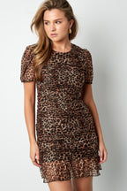 Woven Polyester Mini Dress Elegant Leopard Print Ruffle Edge