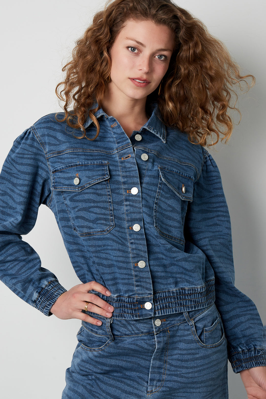 Denim Women's Jacket Cropped Tiger Stripe Pattern