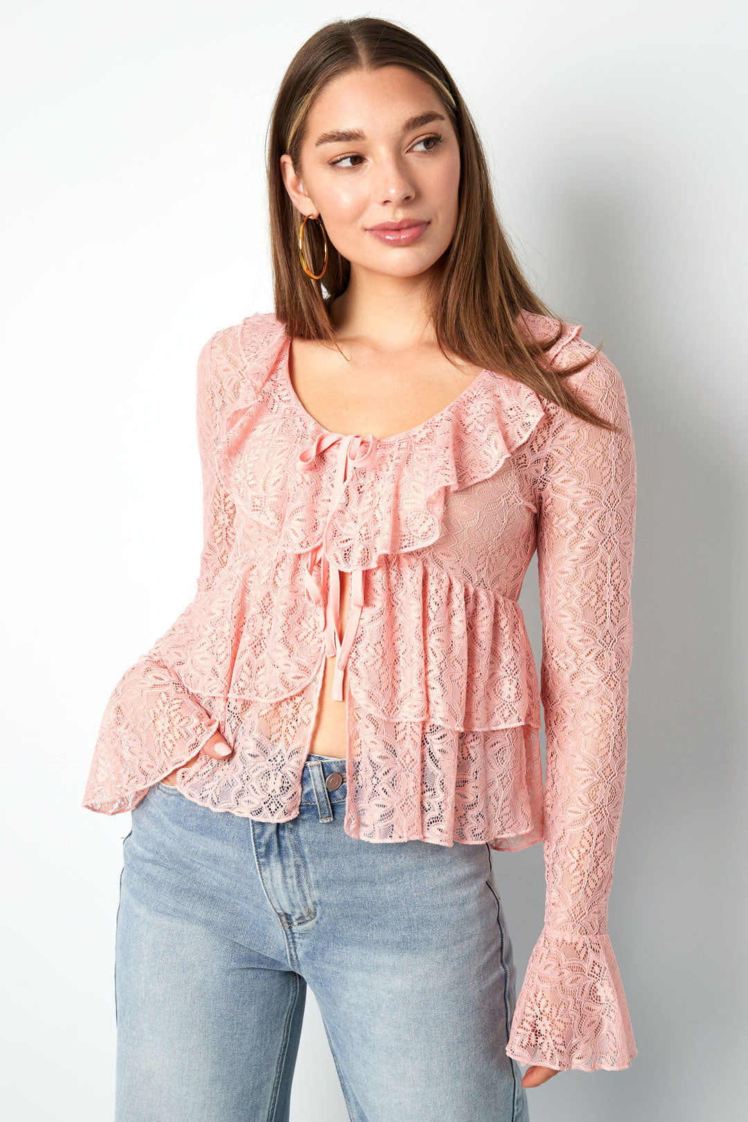 Woven Lace Women's Long Sleeve Top Elegant Ruffle Detail