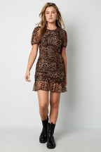 Woven Polyester Mini Dress Elegant Leopard Print Ruffle Edge